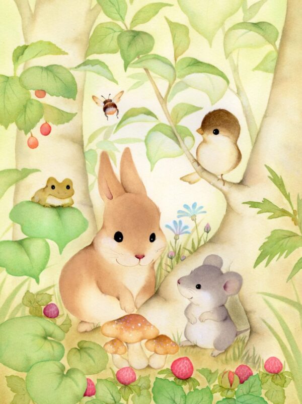 水彩画「森のうさぎ」動物いっぱいのイラスト